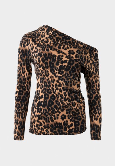 Leopard-print top featuring an asymmetrical neckline, long sleeves, and a fitted silhouette in tan and black. Soft, stretchy fabric.