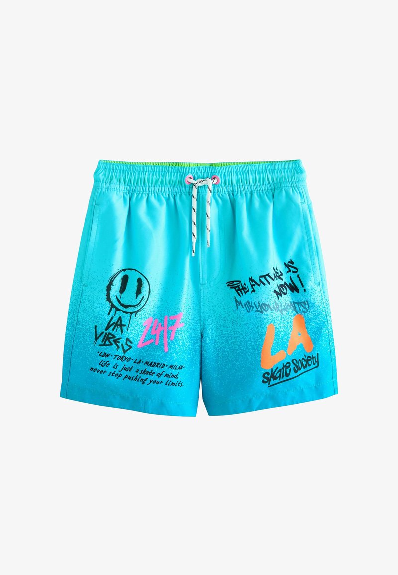 Türkisfarbene Badeshorts mit einem Verlaufsdesign, versehen mit pinken und schwarzen grafischen Texten sowie einem Smiley. Elastischer Bund mit Kordelzugverschluss.