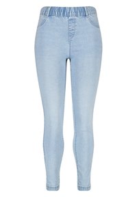 Leggings en denim bleu clair avec une taille élastique, coupe slim et sans poches visibles, présentant une texture lisse et un design épuré.