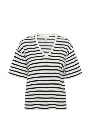 Stripet V-hals t-shirt med sort og hvid vandrette striber, korte ærmer og en afslappet pasform. Blødt, tekstureret stof.