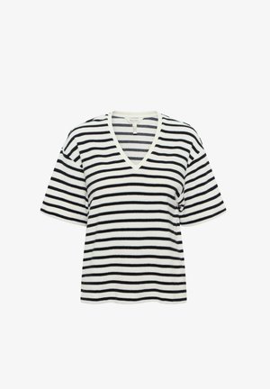 Gestreepte V-hals T-shirt met zwart-witte horizontale strepen, korte mouwen en een relaxte pasvorm. Zacht, gestructureerd materiaal.