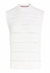 Maglione senza maniche bianco con un motivo a maglia texturizzato, caratterizzato da sezioni di trama aperta orizzontali e verticali e un colletto a coste.