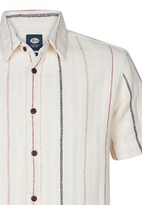 Korte mouwen shirt van crèmekleurige stof met een gestructureerd weefpatroon, voorzien van verticale rode en zwarte strepen, en bruine knopen.