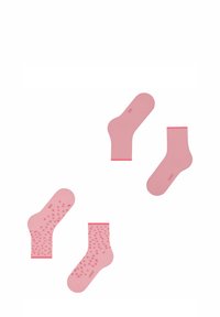 Rosa Baumwollsocken mit kontrastierendem rosa Saum. Ein Paar verfügt über Punkte für besseren Halt. Verschiedene Schnitthöhen sind dargestellt, darunter Knöchelsocken und Crew-Socken.