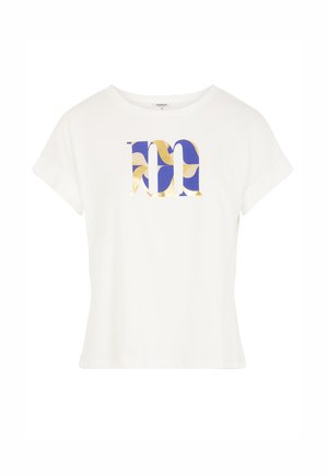 T-shirt bianco in cotone con un design grafico che presenta forme blu, oro e crema. Maniche corte e vestibilità comoda.