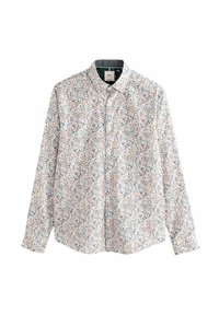 Camicia a maniche lunghe in tessuto leggero con sfondo bianco, caratterizzata da un motivo floreale multicolore e colletto con bottoni.