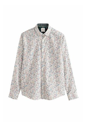Biała koszula z długim rękawem z kwiatowym wzorem w kolorach niebieskim, czerwonym i pomarańczowym. Posiada kołnierzyk na guziki i teksturowaną wewnętrzną tasiemkę przy szyi.