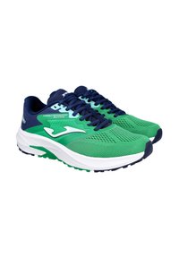 Zapatillas de correr verdes y azul marino con parte superior de malla, suela intermedia blanca prominente, diseño texturizado y cordones azul marino en contraste.