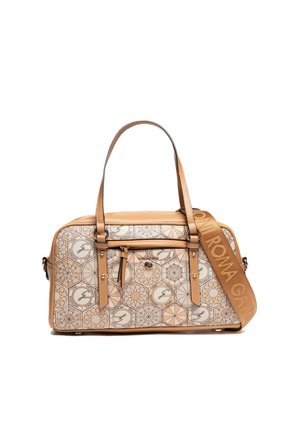 Borsa a mano beige e marrone chiaro con motivo, doppi manici, tasca frontale con zip e ampia tracolla con marchio "ROMA G."
