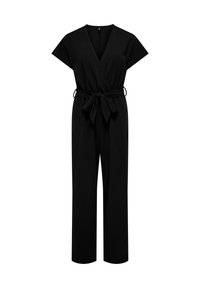 Juodas kombinezonas trumpomis rankovėmis, su užrišamu viršumi, reguliuojamu juosmens diržu ir plačiomis tiesiomis kojomis. Lygus audinys be matomų raštų.