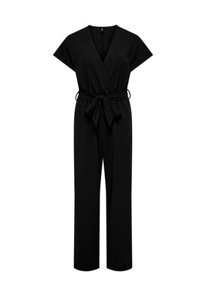 Czarny kombinezon z krótkimi rękawami, zakładanym dekoltem, regulowanym wiązaniem w talii i szerokimi, prostymi nogawkami. Gładka tkanina bez widocznych wzorów.
