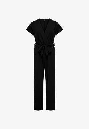 Mono negro con mangas cortas, parte superior estilo cruzado, cinturilla ajustable con lazo y piernas anchas y rectas. Tejido liso sin patrones visibles.