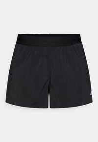 Pantalones cortos deportivos negros con una textura suave, cintura elástica y un pequeño logo reflectante en la parte inferior derecha. Material ligero.