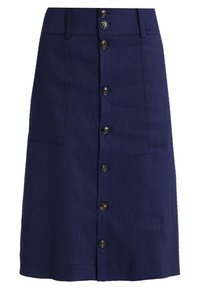 Navy blue denim skirt with a straight cut, featuring a front button closure, two side pockets, and subtle texture.