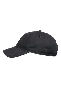Casquette de baseball noire en tissu résistant, dotée d'une visière courbée, de six trous de ventilation et d'un logo unique sur le devant.