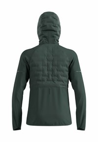 Green insulated jacket featuring a lightweight design, hood, quilted texture on the upper back, and subtle logo detail along the hem.