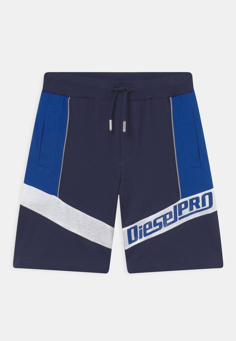 Bermudas azul-marinho com detalhes em azul e branco, apresentando um cós com cordão, bolsos laterais e o logótipo "DieselPRO" na parte da frente.