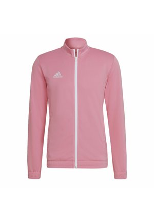 Rosa Sport-Zipjacke aus leichtem Stoff. Sie verfügt über einen hohen Kragen, lange Ärmel und ein weißes adidas-Logo auf der linken Brust.