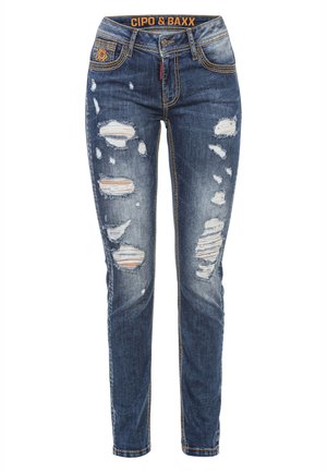 Skinny-Fit-Denim-Jeans in Dunkelblau mit abgewetzten Rissen, kontrastierenden Nähten und einem markenbezogenen Bund. 5-Taschen-Design.