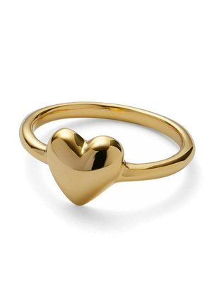 Gold ring with a polished heart-shaped centerpiece on a thin, smooth band against a white background.