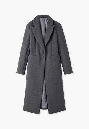 Cappotto lungo in lana grigio scuro con rever a forma di intaglio, chiusura con un bottone singolo, due tasche frontali a filetto e fodera interna liscia.