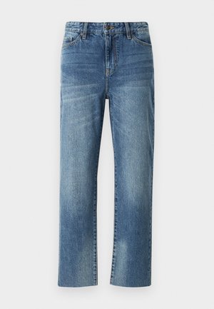 Jean en denim bleu avec une coupe droite, présentant une fermeture à bouton, des poches frontales et une texture décolorée sur l'ensemble.
