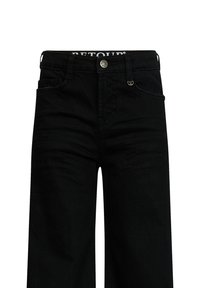 Jeans in denim nero con vita alta, design a cinque tasche, chiusura con bottone metallico e dettagli di cucitura sottili. Taglio classico dritto.