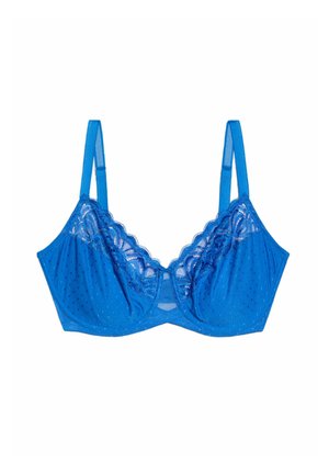 Blue bra made of soft fabric with a dotted texture. Features lace trim, scalloped edges, and adjustable straps. Designed in a full-coverage style.
