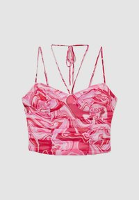Top corto marmorizzato rosa con spalline regolabili, dettaglio arricciato e design aderente. Realizzato in tessuto leggero e testurizzato.