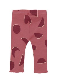 Leggings rose pour enfants avec des motifs en demi-cercle et circulaires rouge foncé, dotés d'une taille élastique et d'un ourlet avec volants.