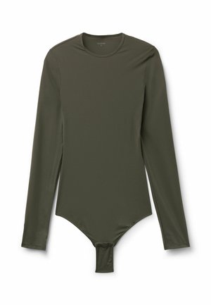 Dopasowane, oliwkowozielone body z długim rękawem, okrągłym dekoltem i zapięciami na zatrzaski w kroku.