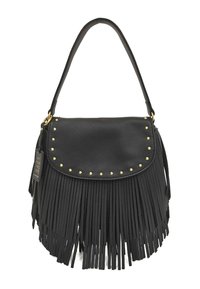 Borsa a tracolla in pelle nera con dettagli a frange, borchie dorate lungo la patta e una tracolla singola. Superficie testurizzata con accenti decorativi.