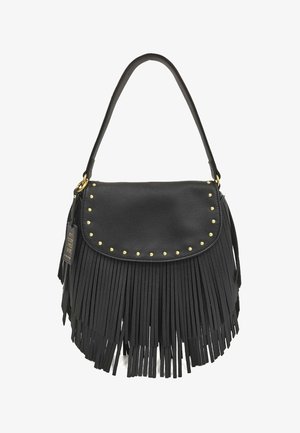 Borsa a tracolla in pelle nera con dettagli a frange, borchie dorate lungo la patta e una tracolla singola. Superficie testurizzata con accenti decorativi.