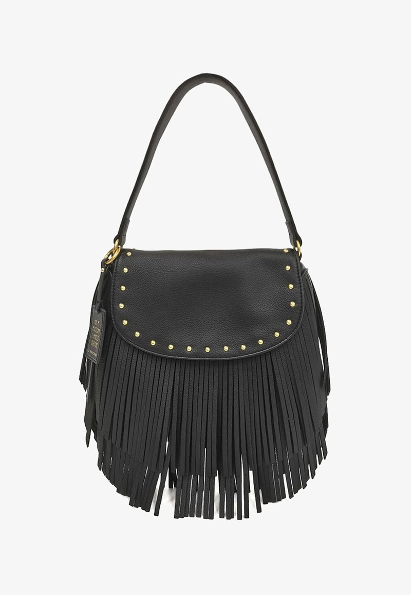 Borsa a tracolla in pelle nera con dettagli a frange, borchie dorate lungo la patta e una tracolla singola. Superficie testurizzata con accenti decorativi.