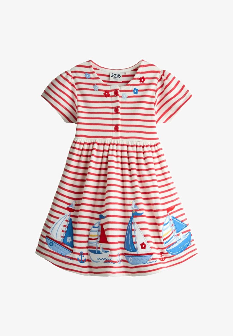 Vestido de bebé a rayas rojas y blancas con mangas cortas, botones en la parte delantera, bordado floral en el pecho y diseños de veleros en el dobladillo de la falda.