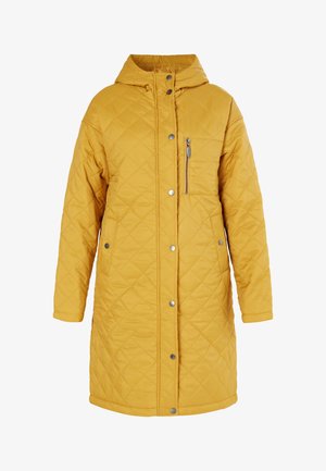 Gepolsterte gelbe Parka mit Kapuze, ausgestattet mit einer Front-Reißverschlusstasche, silbernen Druckknöpfen und einem knielangen Design. Glatte Textur über die gesamte Oberfläche.