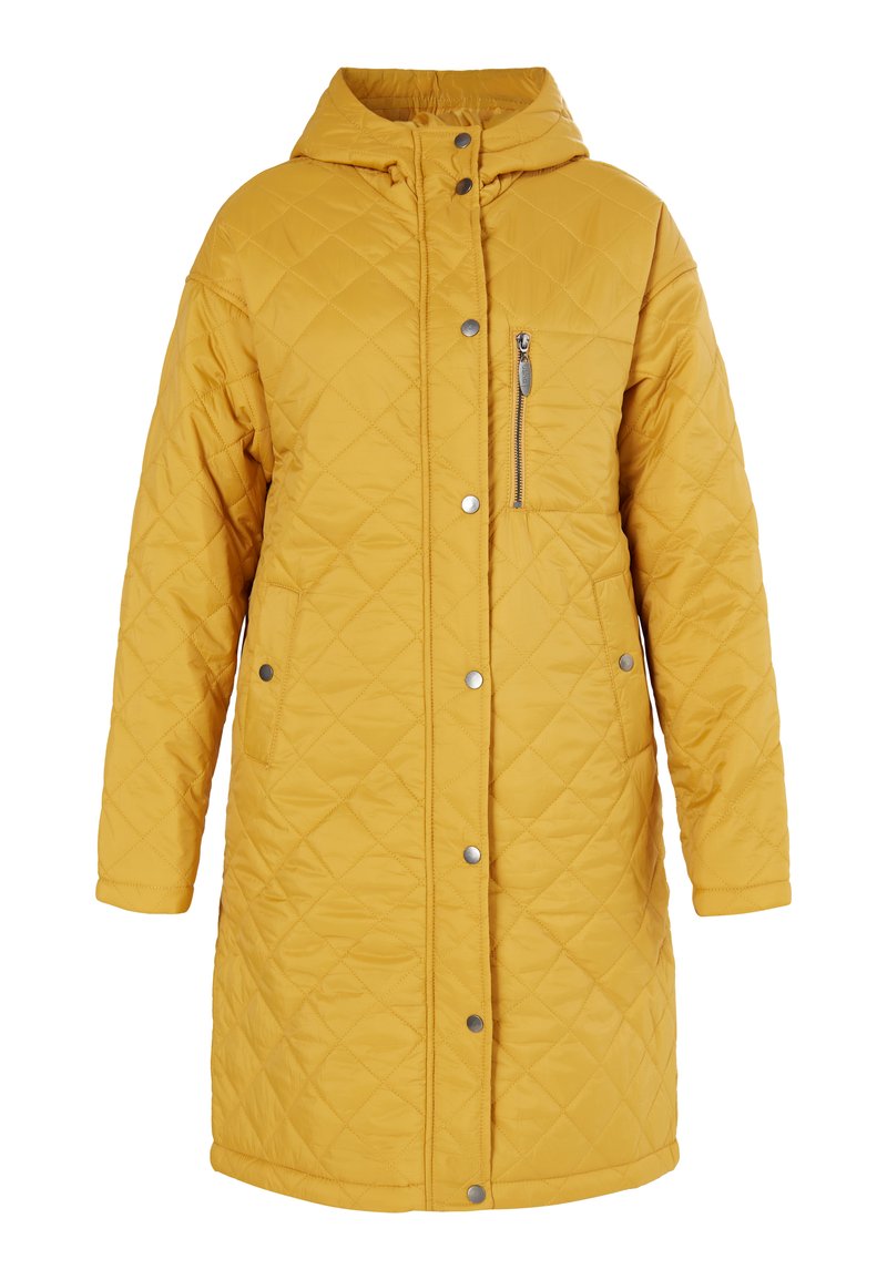 Vatteret gul parka med hætte, der har en frontlomme med lynlås, sølv trykknapper og en knæ-længde design. Glat tekstur hele vejen igennem.