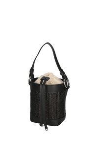 Borsa nera intrecciata con una forma strutturata, dotata di una base e manico in pelle, fodera in tessuto crema arricciata e dettagli in metallo argentato.