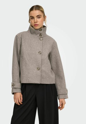 Femme portant une veste en laine grise boutonnée à col montant et un pantalon noir à jambes larges, debout devant un fond clair uni.