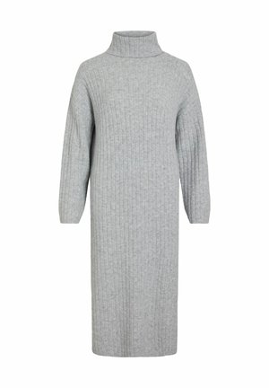 Šedé šaty s rolákem vyrobené z ribbového úpletu, s dlouhými rukávy a prodlouženou siluetou. Hladká textura s neutrální barvou.