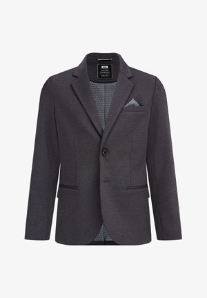 Ciemnoszara marynarka na jeden guzik z wyciętym klapem, dwoma bocznymi kieszeniami, wzorzystą podszewką oraz pasującą poszetką.