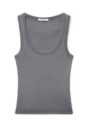 Canotta grigia senza maniche a coste con scollo a U, piccola etichetta del marchio al colletto, taglia piccola.
