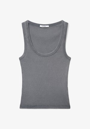 Canotta grigia senza maniche a coste con scollo a U, piccola etichetta del marchio al colletto, taglia piccola.