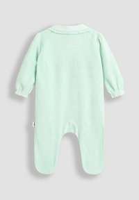 Mintgrüner Overall aus weichem Stoff, mit langen Ärmeln, einem kragenförmigen Nacken und einem gerafften Detail am Kragen. Fußdesign.