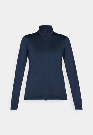 Navy blue long-sleeve zip-up jacket with a high collar, featuring a smooth texture and side accents of a woven pattern.