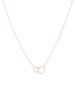 Goldene Halskette mit zwei ineinander verschlungenen runden Anhängern. Die Kette ist zart, mit einer glatten Textur und dezentem Glanz.