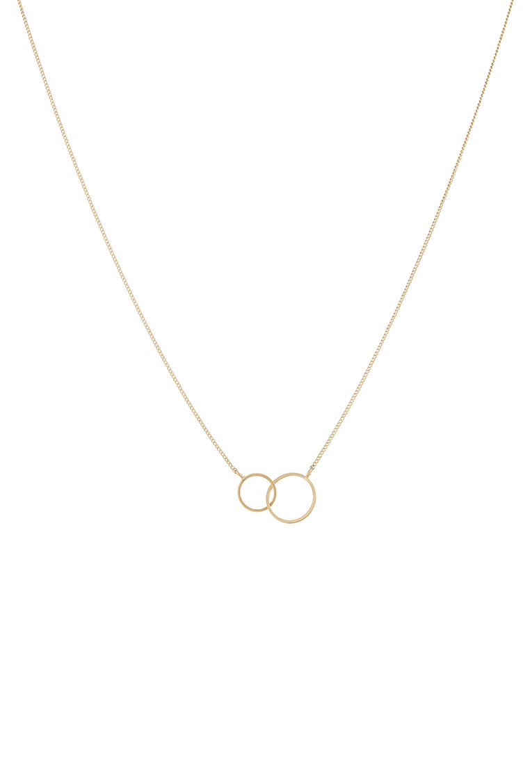 Collana in oro con due pendenti circolari intrecciati su una fine catena. Texture liscia con un design minimalista.