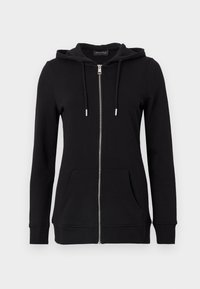 Black zip-up hoodie with a drawstring hood, long sleeves, front pockets, and ribbed cuffs. Made from soft, textured fabric.