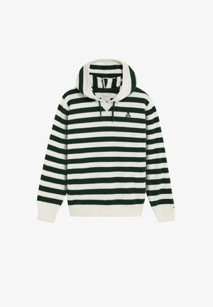 Kapuzensweatshirt mit dunkelgrünen und weißen horizontalen Streifen, Fronttasche und kleinem grünen Totenkopf-Logo auf der linken Brust.