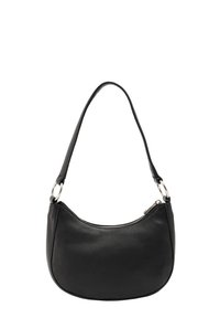 Černá kožená kabelka přes rameno s křivkovým tvarem, stříbrnými detaily a zipovým uzávěrem. Hladký povrch s jedním popruhem.